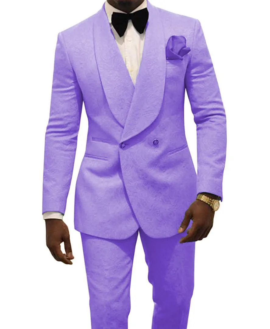 Newest Double-Breasted Light Purple Paisley Groom Tuxedos Shawl Lapel Men Suits 2 pieces Wedding/Prom/Dinner Blazer (Jacket+Pants+Tie) W745