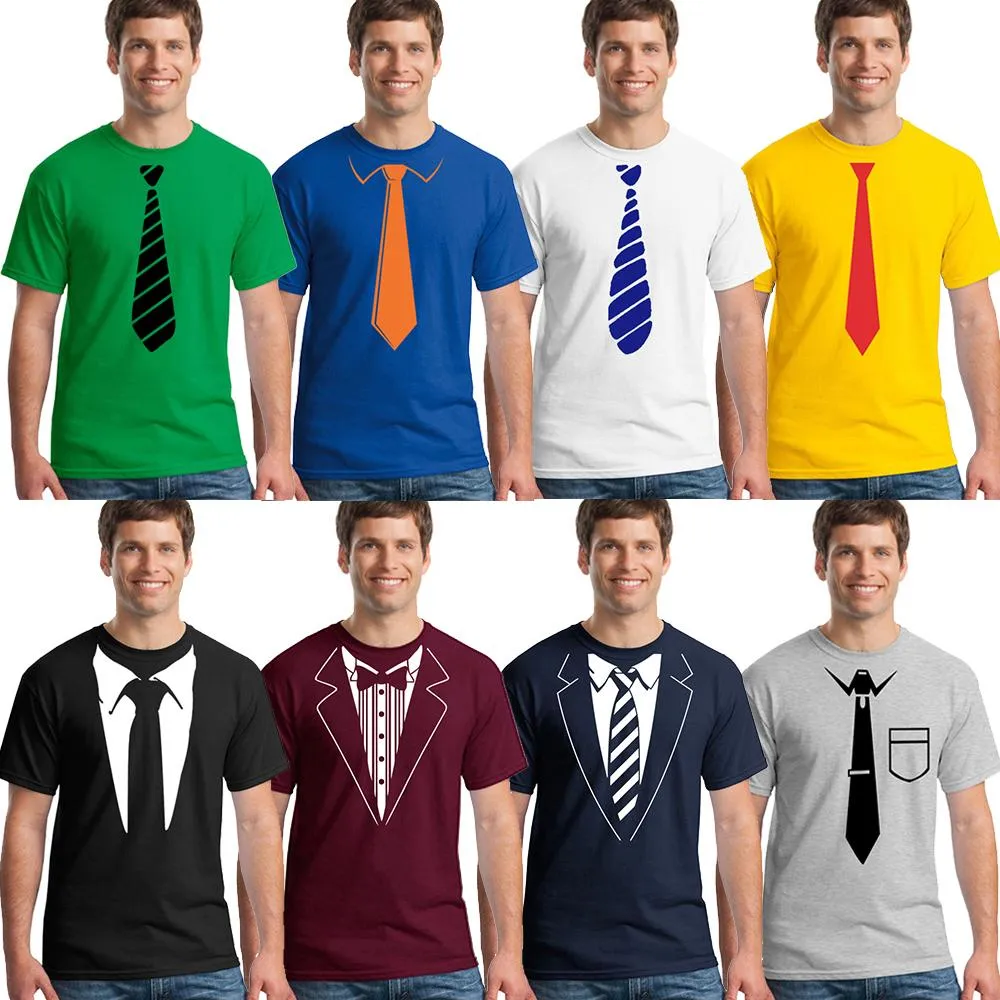 夏の偽のスーツのタイプリントTシャツコレクション3D高品質男ブランドファッションコットンTシャツ面白いネクタイTシャツメンズデザイナーXS-3XL