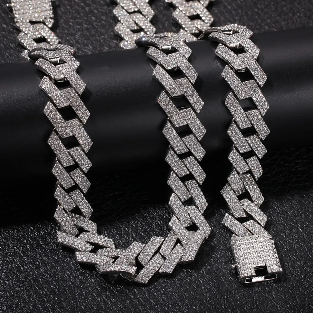 Color 20mm Prong Cuban Link Chains Necklace Fashion Hiphop Jewelry 3 Row Rhinestones Iced Out Necklaces For Men