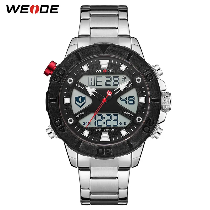 Weide 럭셔리 브랜드 쿼츠 디지털 무브먼트 금속 케이스 블랙 스트랩 빛나는 크로노 그래프 캘린더 남자 손목 시계 Relogio Masculino