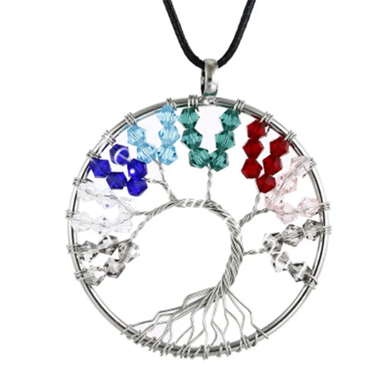 10Pc Silver Plated Tree of Life Beaded Wire Wrapped Necklace Pink Green Blue Red Crystal Glass Seed Beads Tree Branch Round Pendant Necklace