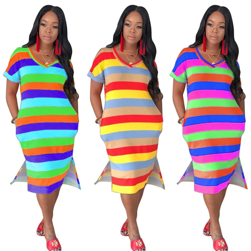Women striped midi dresses summer clothing print contrast color v-neck tee top dresses short sleeve loose pocket fashion casual dress 764