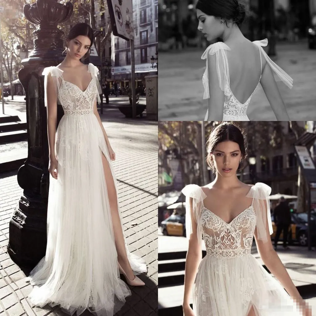 2019 I più nuovi abiti da sposa sexy a fessura alta una linea di applique in pizzo senza schienale in tulle senza spalline Beach Boho abiti da sposa da sposa