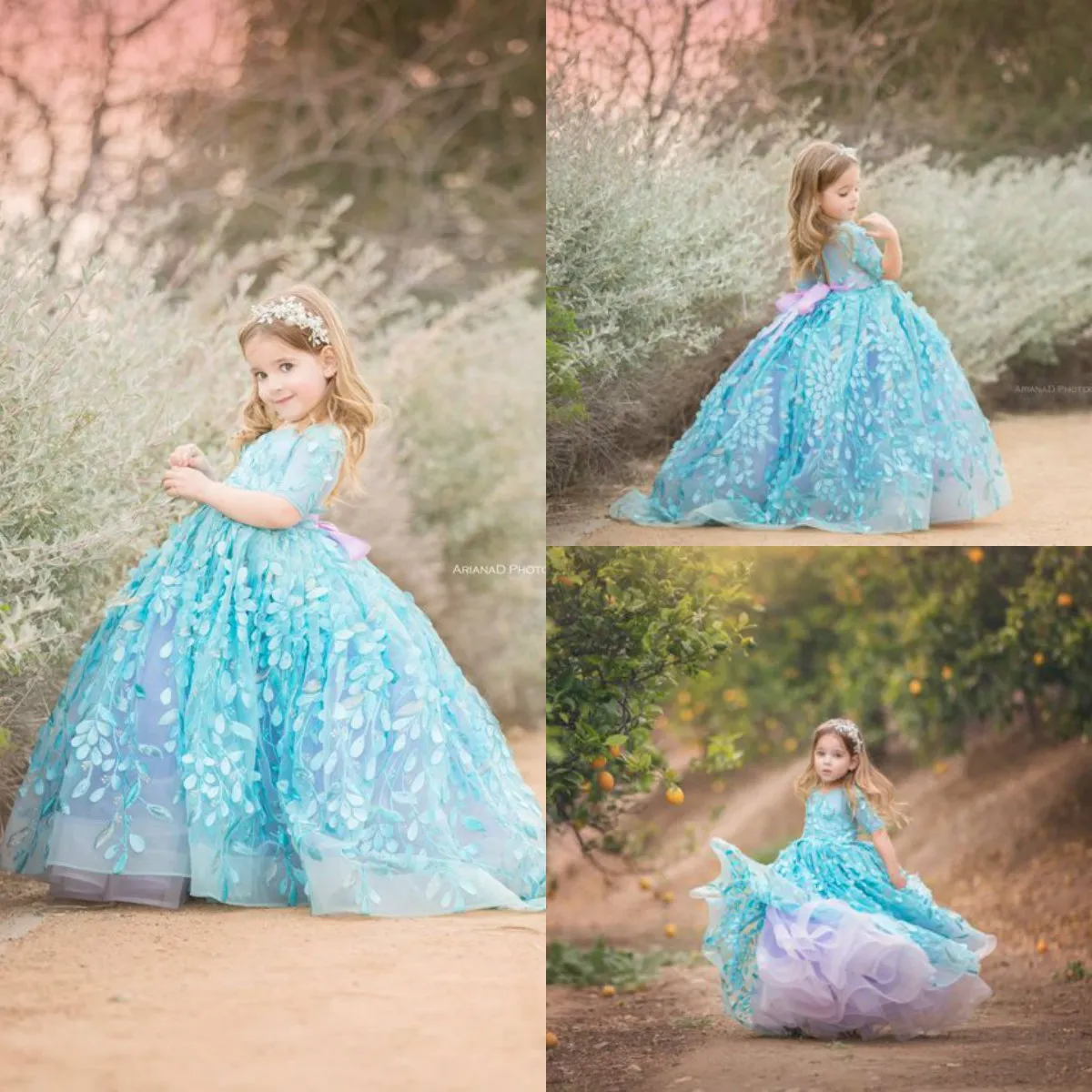 Vestidos de niña de las flores azules para la boda Cuello de joya Apliques de encaje Una línea Vestido de desfile de niñas de manga corta Vestidos de primera comunión para bebés