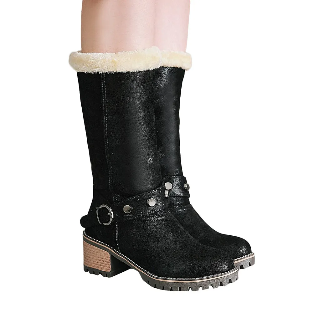 Hot Sale 2019 Fashion Women Mid Calf Boots High Heels Leather Women Winter Warm Boots Thick Heel Round Toe High Heels