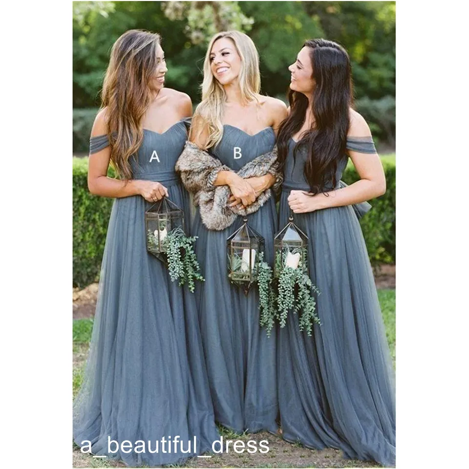 Dusty Grey Bridesmaid Dresses Off Shoulder Tulle Ruched Long Wedding Party Prom Gowns From A beautiful dress 40.21 DHgate.Com