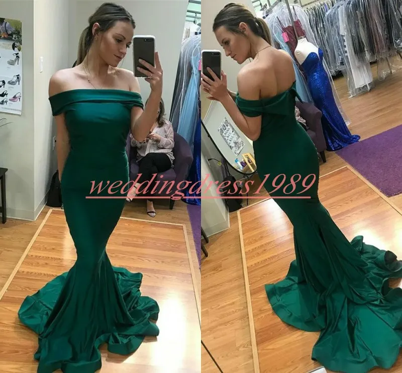 Moda Off Shoulder Mermaid Prom Dresses Satin Green Tani 2019 African Evening Robe de Soire Plus Size Party African Formalne Suknie
