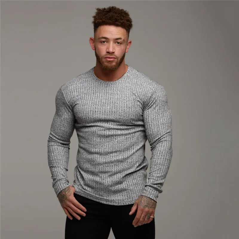 2019 Jesień Moda męska T-shirt sweter O-Neck Slim Fit Knittwear Męskie Z Długim Rękawem Swetry Tshirts Mężczyźni Fitness Pull Homme