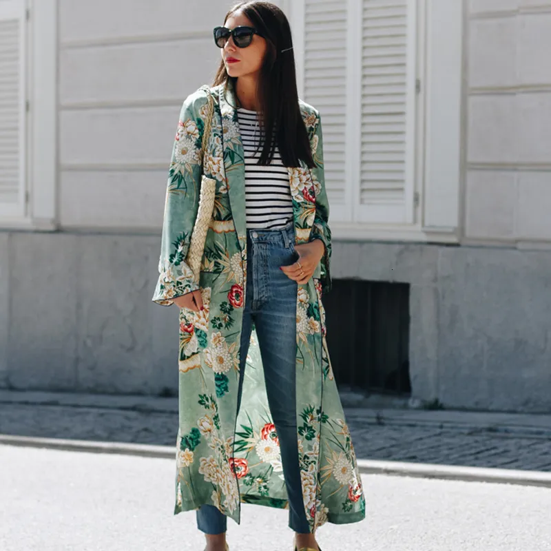 2019 Ny Vintage Pareo Retro Floral Print Green Long Kimono Jacket Långärmad Cardigan Maxi Shawl Summer Tops Belted Beachwear V191019