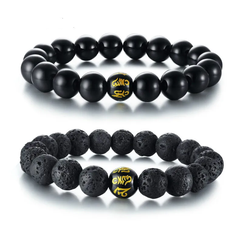 Tibet Buddhist Mantra Mens Stone Bracelet Black Color Carnelian Lave Beads Male Wristbands Elastic Prayer Pulseira Masculina