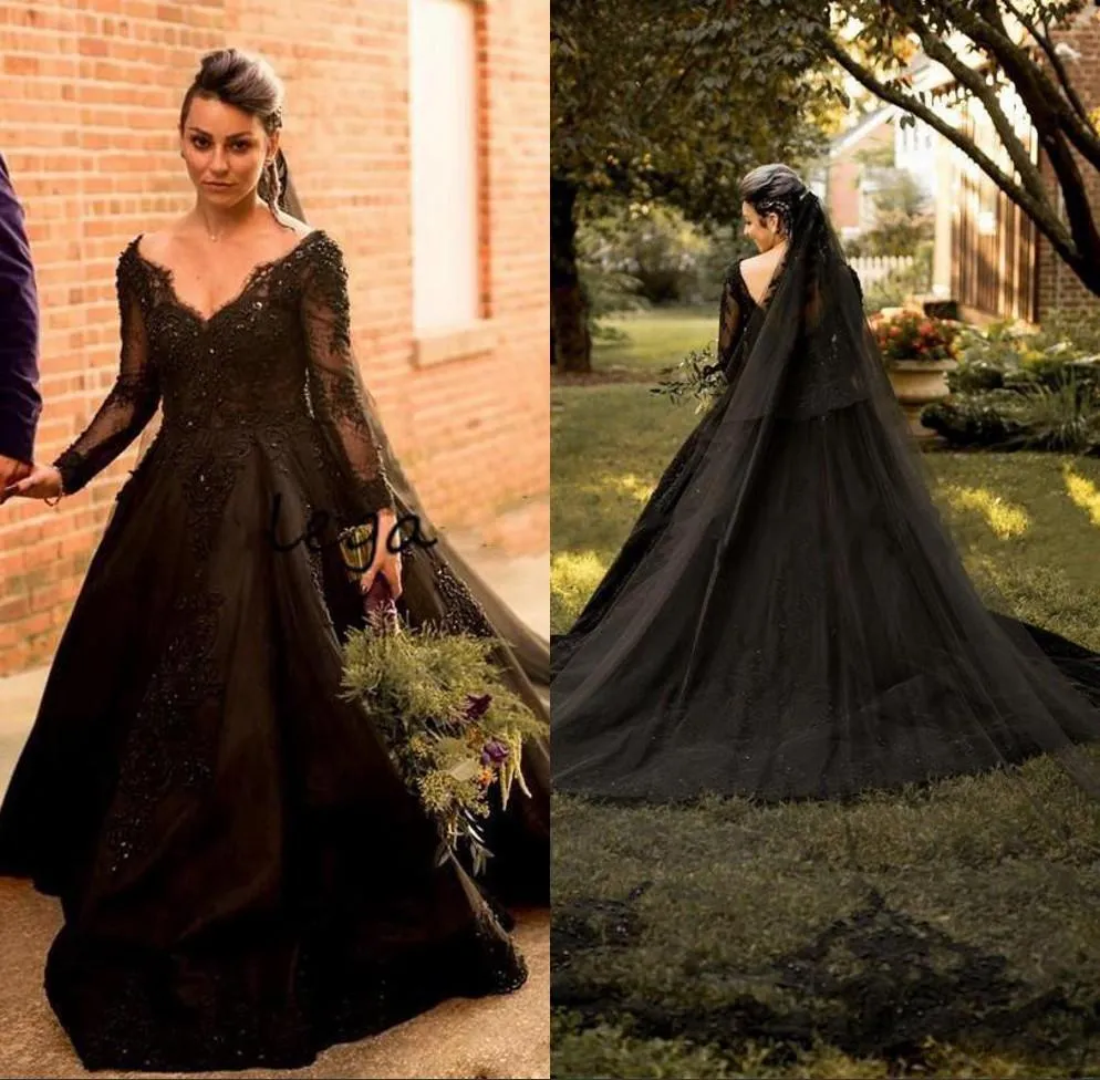 Bal gothic zwarte jurken kanten applique kralen v nek lange mouwen illusie op maat gemaakte trouwjurk vestido de novia estido