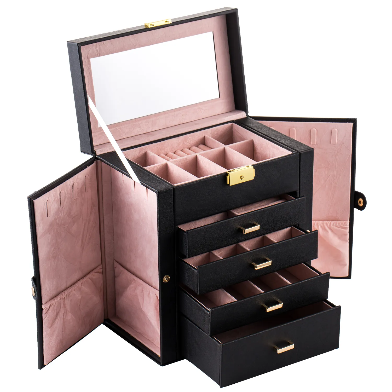 US Stock Synthetic Leather Huge Jewelry Box Mirrored Watch Organizer Necklace Ring Earring Storage Lockable Gift Case Black