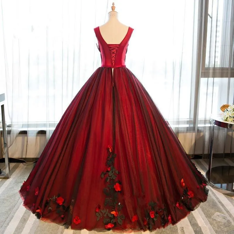 Schwarze und rote Ballkleid-Quinceanera-Kleider, Tüll, Sweet-16-Schnürung, 3D-Blumen, Abschlussball-Party-Kleider, Kleider für besondere Anlässe7797864