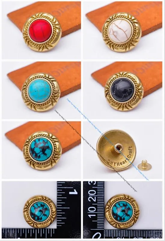 Brass Real Turquoise Stone Conchos Rivets Flower Carved Decoration