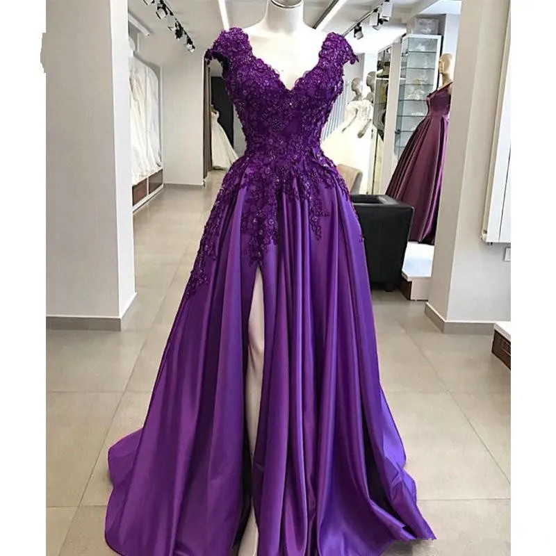 Stunning Plus Size Satin Purple Lace Prom Dress with V-Neck, Sleeves, and Slit Detail - Perfect for Sweet 16 and Special Occasions
