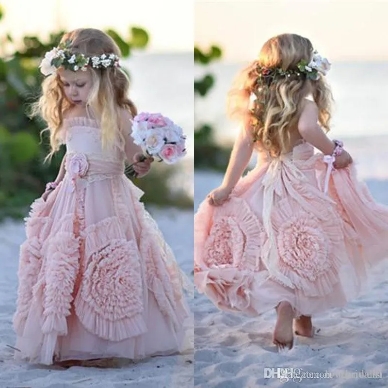 Pérola Rosa Princesa flor Meninas Vestido Sexy Halter Até O Chão Ruffle Voltar Lace Up Praia Kid Formal Wears