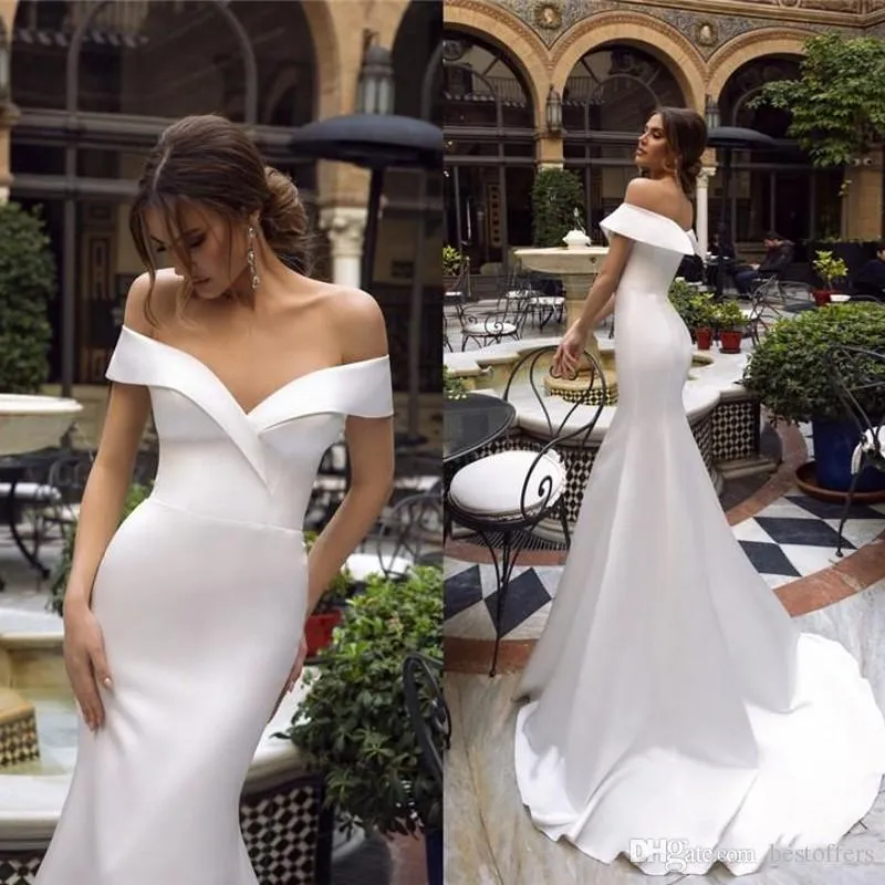 Off the shoulder discount satin mermaid wedding dress