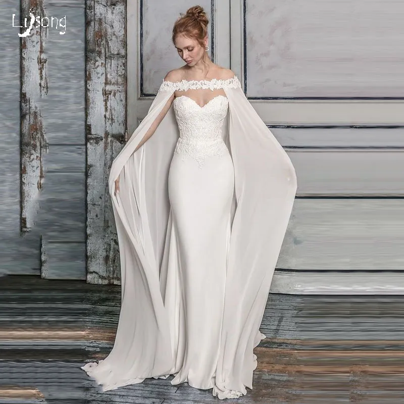 Elegante abito da sposa a sirena con applicazioni in chiffon bianco, mantello da pavimento, senza spalline, senza spalline, abito da sposa estivo fluente su misura