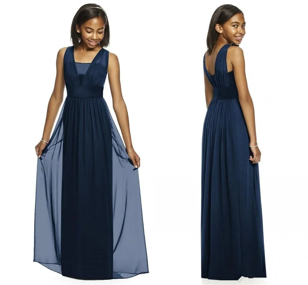 Navy Junior Bridesmaid Dresses Sleeveless A Line Floor Length Wedding
