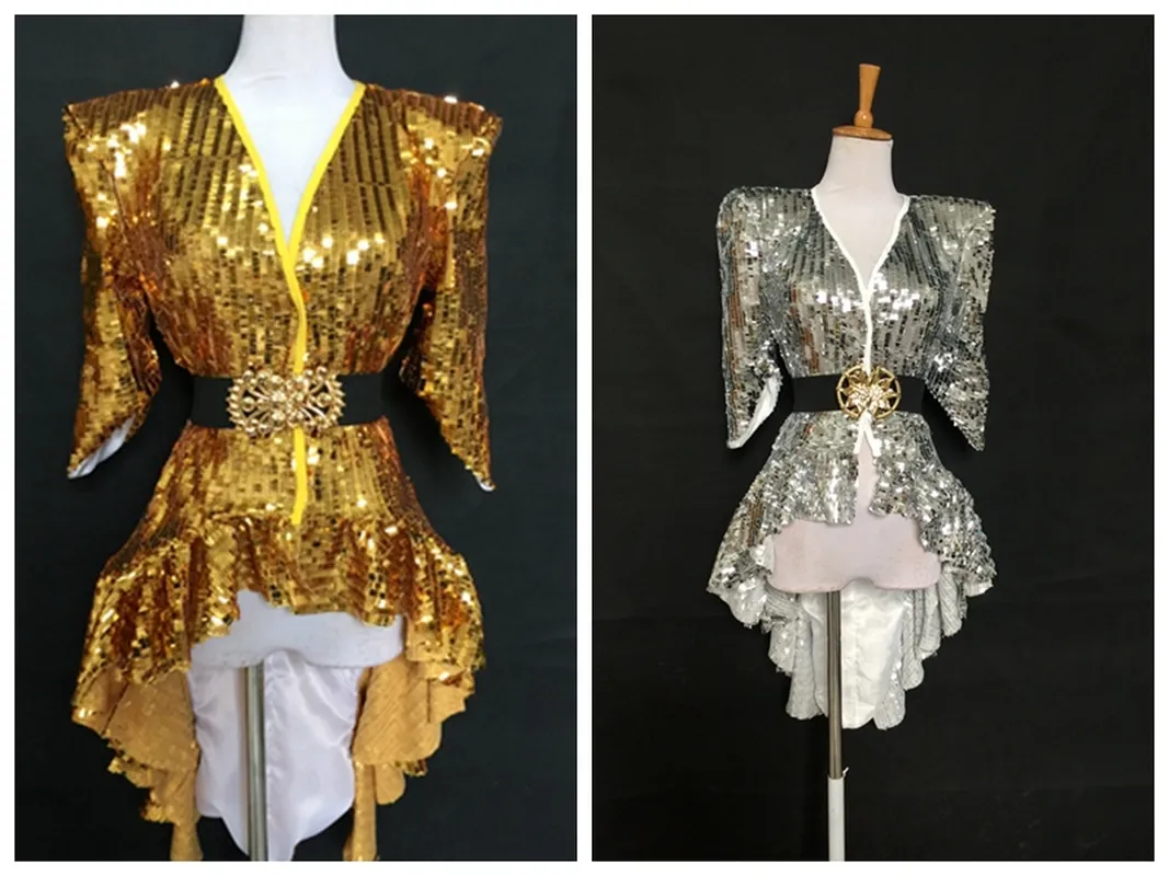 Stage Wear Sequined Shoulder Shiny Tuxedo Dress Costume Singer Guest