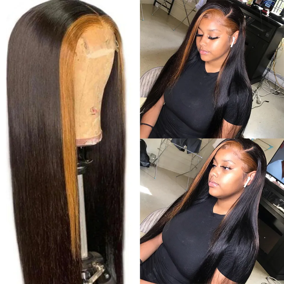 13x4 Lace Front Wig Brazilian Straight Ombre Honey Blonde Highlight 1b 27 Färgade spets Front Human Hair Wigs för kvinnor