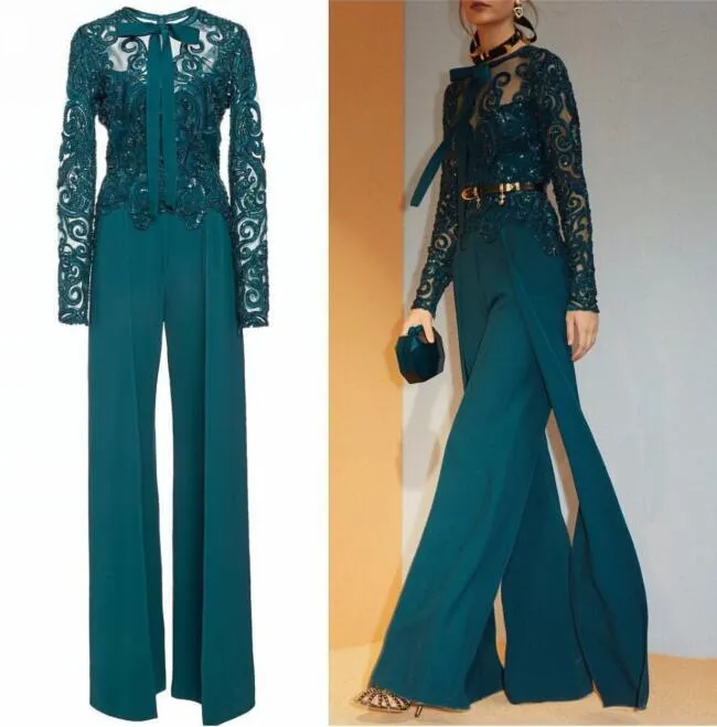 Hunter Green Jumpsuits Mother Of The Bride Dresses Long Sleeves Lace Appliqued Women Garment Outfit Modest Evening Dresses Prom Gowns