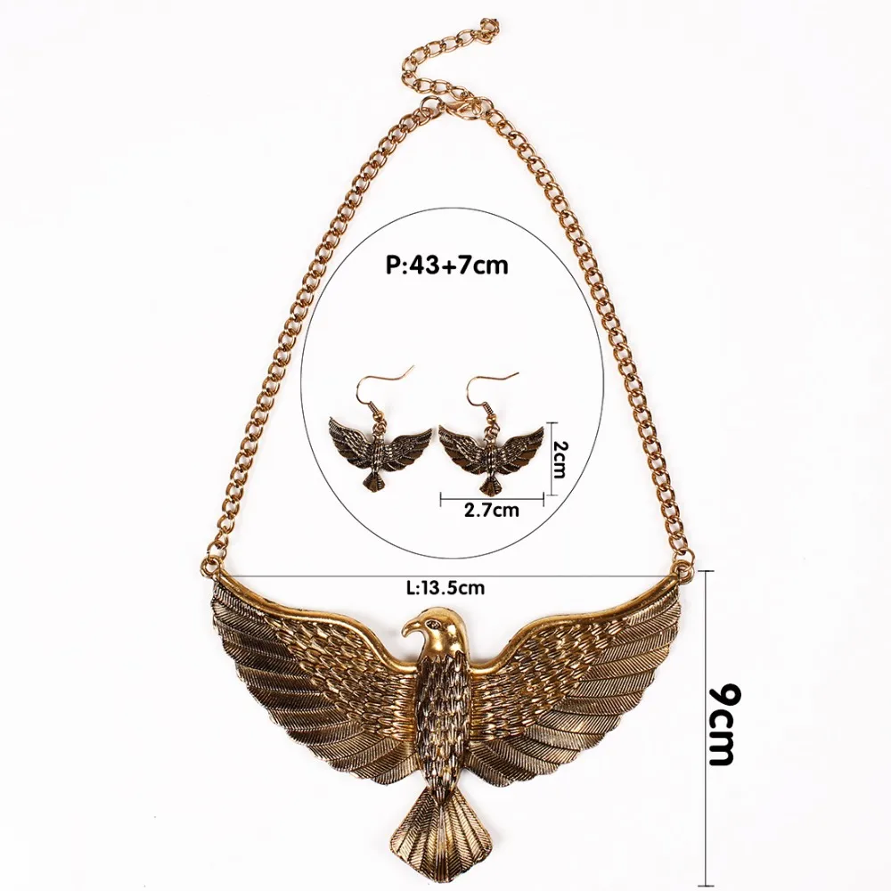 GEREIT Vintage Gold Silver Filled Big Bird Eagle Pendant Necklace Earrings For Women Punk Egyptian African Dubai Jewelry Set5780267