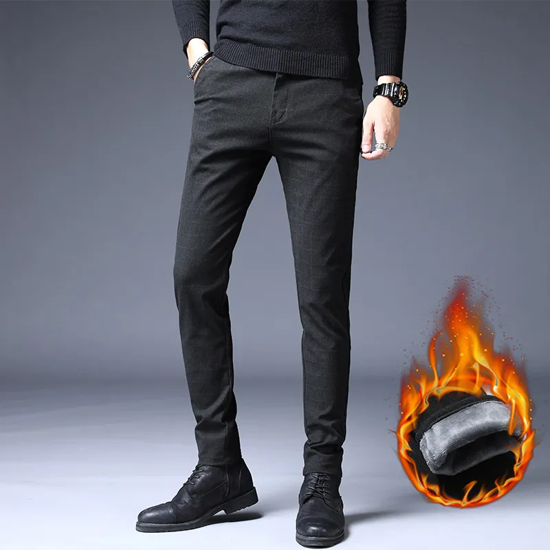 2019 Mens Winter Fleece warm Pants men Casual Slim thick Pants for men fashion velvet business Black gray Work Trousers homme