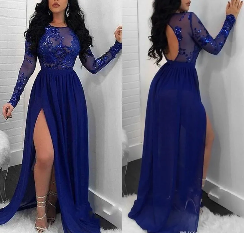 Arabe Prom Dreses Manches Longues Plus La Taille Grosses Femmes 2020 Mode Dentelle Appliques Paillettes Perlée Formelle Robes De Soirée Sexy Jambe Split