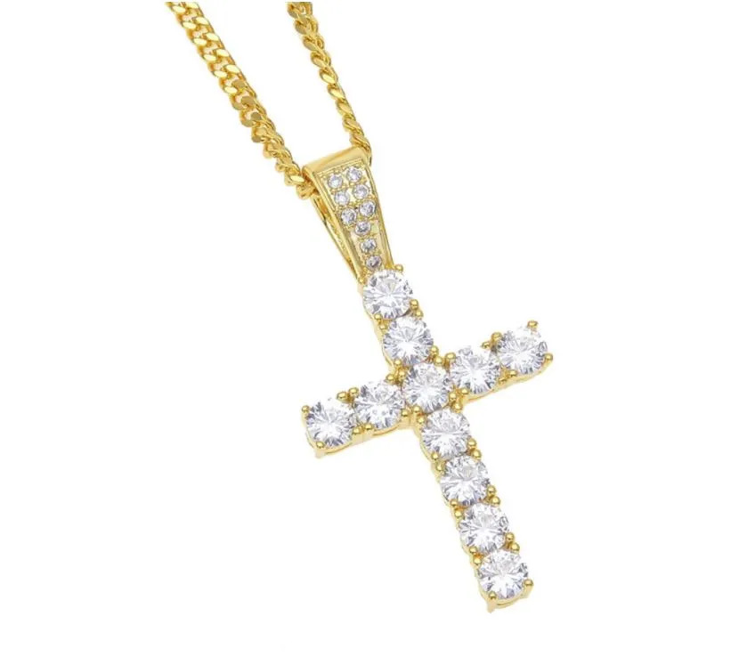 Collier pendentif en croix Hip Hop avec chaîne de 60 cm pour hommes et femmes en cuivre glacé de zircon cubique Bling Men Bijoux N3401492253