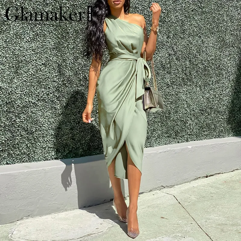 Glamaker Satin one shoulder green dress women Sexy sleeveless pleated asymmetrical long dress Female elegant bandage party dress MX200518