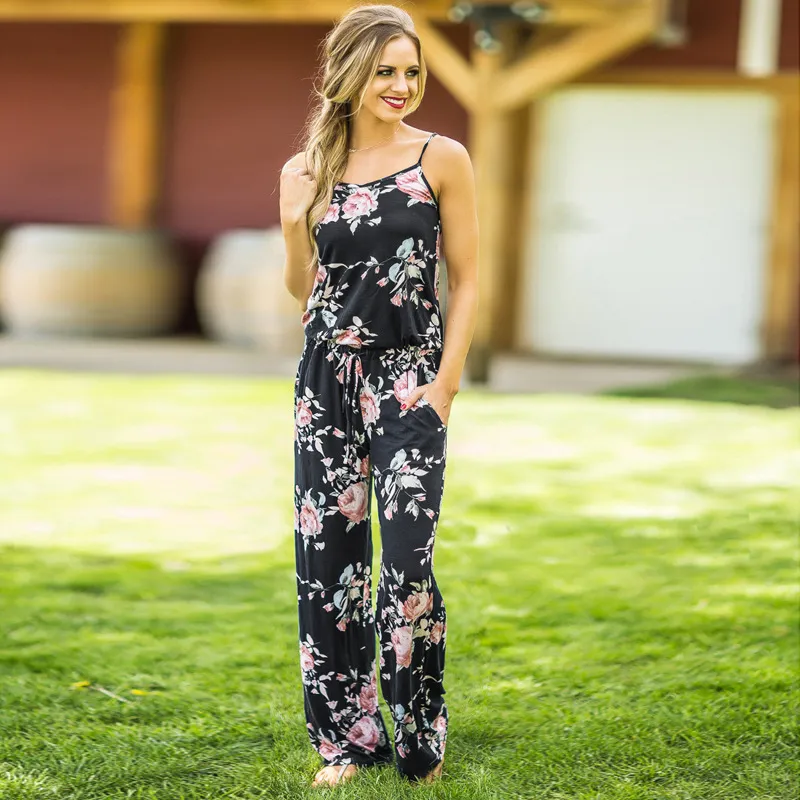 Mode Kvinnor Blommiga Jumpsuits Off Shoulder Ärmlösa Solid Lösa Byxor Elastisk midja Casual Bekväm Randig Jumpsuit med fickor