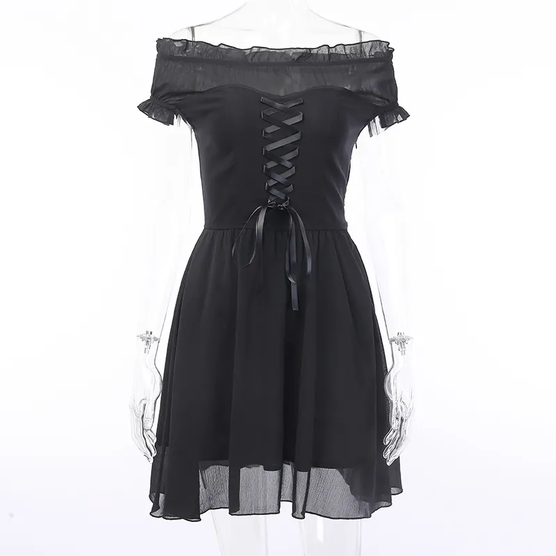 knee length dresses for ladies Gothic Off Shoulder Lantern Mesh Sleeve Mini Dress (Available in size –  ROCK 'N DOLL