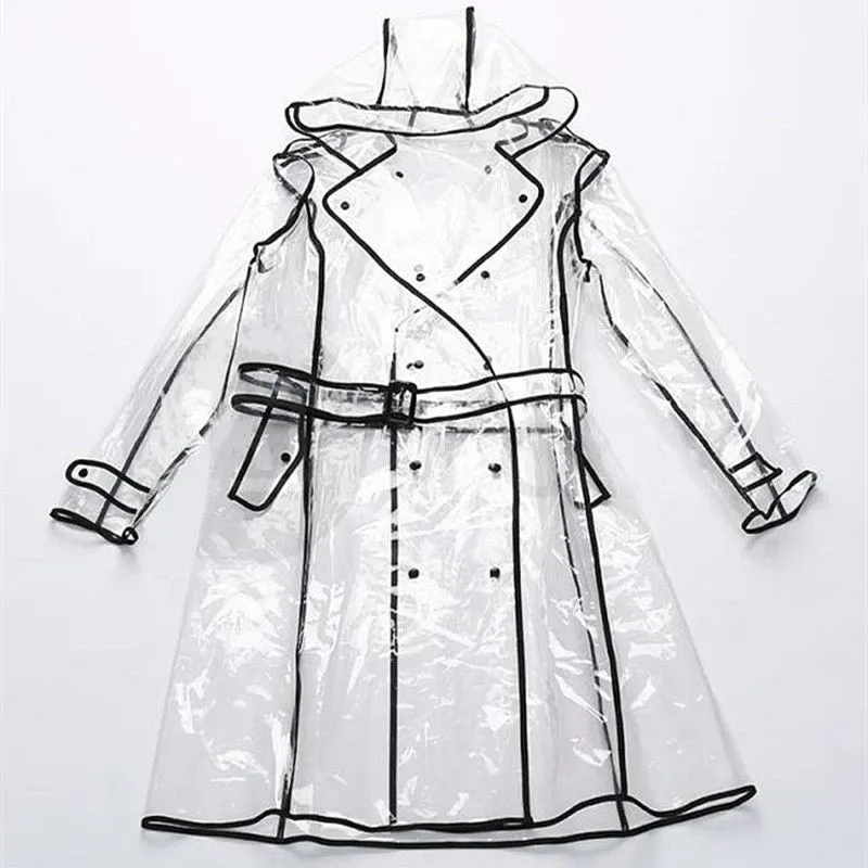 Giacca impermeabile Runway Black Women Girls Rain Coat EVA Ladies Felpa con cappuccio in vinile trasparente antivento