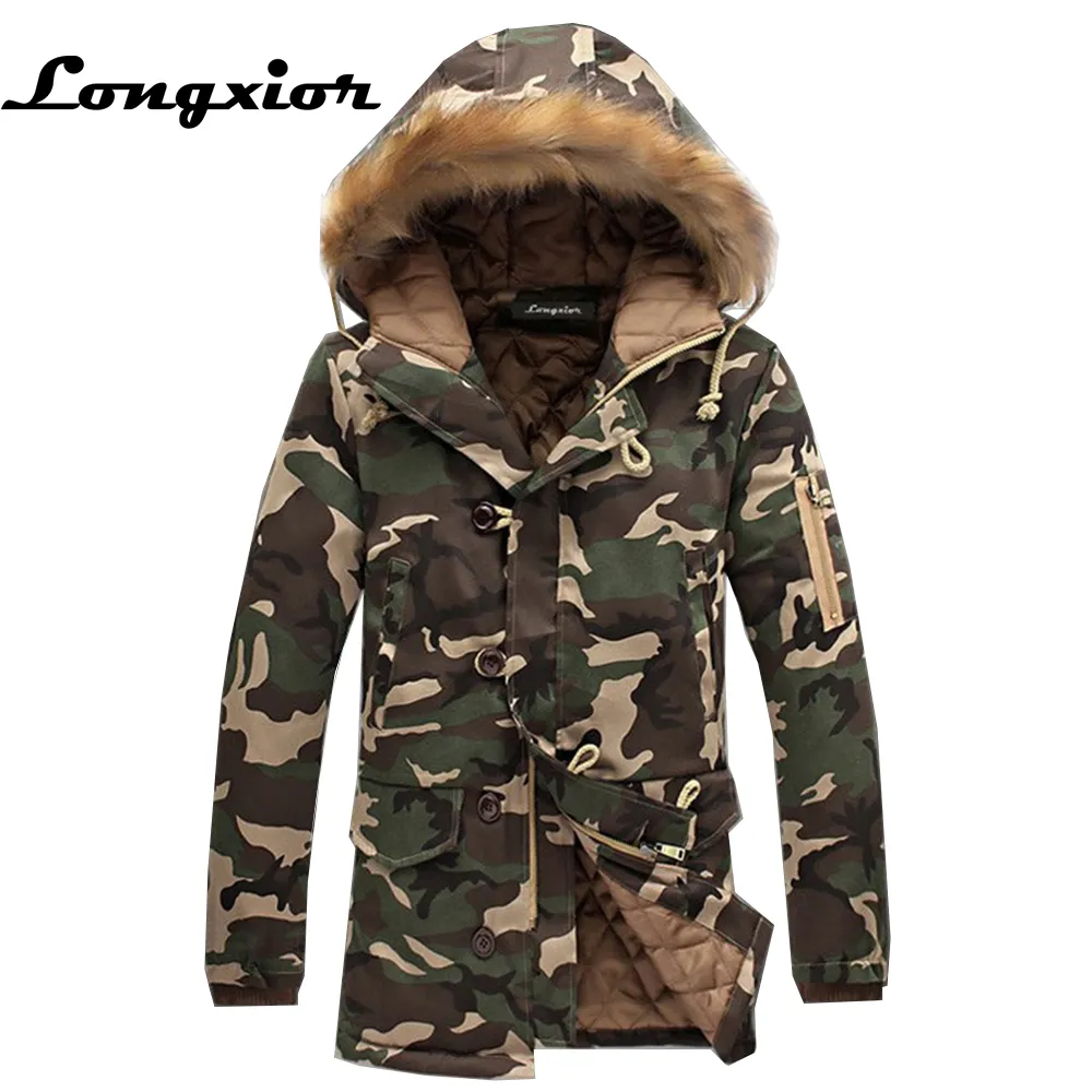 L16 Mode Vinter Jacka Män Camouflage Parkas Män Militärrockar Man Tjockad Bomull-Vadderade Jackor Med Fur Hood Plus Storlek 5XL