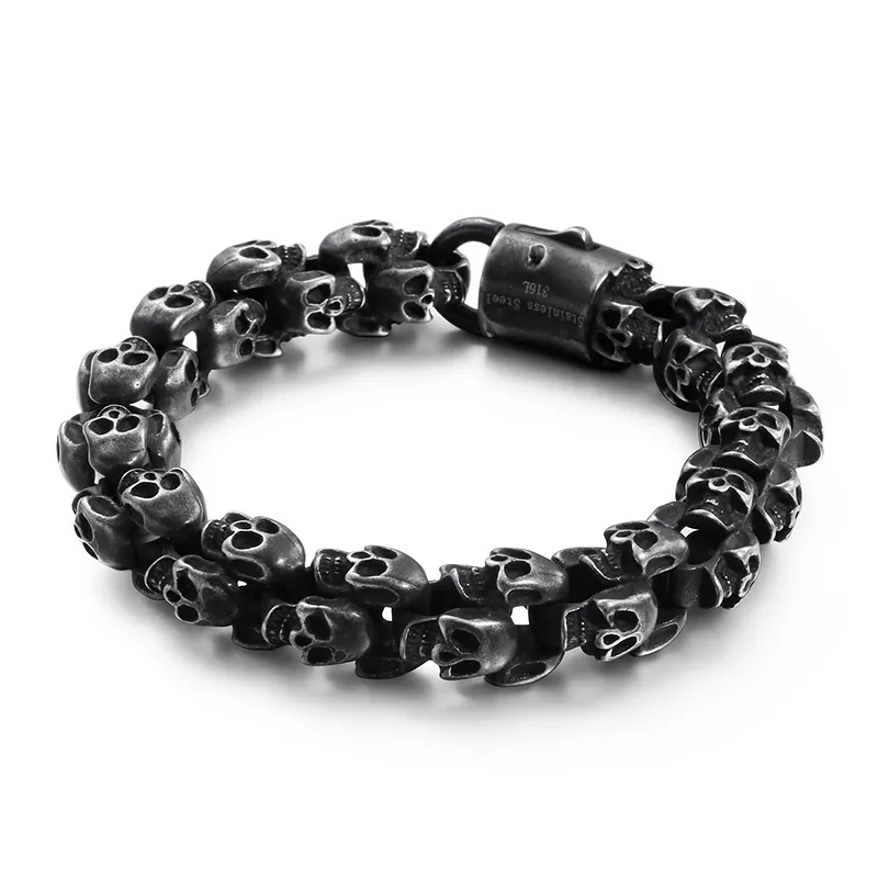 KB114973-BD XMAS Gifts Vintage jewelry black stainless steel skeleton Skull Link Chain bracelet bangle 9 inch for mens gifts