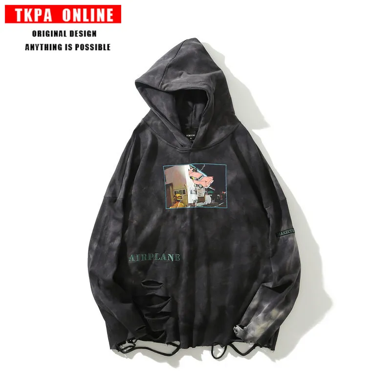 Men's Hooded Sweater Europe and America High Street Personality Tie-Dye  Lazy Old Hole Street Hip Hop Style Hoodie