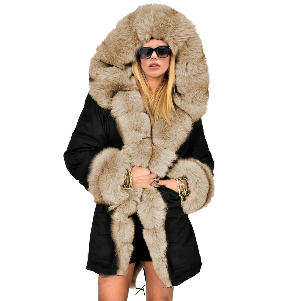 Moda feminina engrossar quente luxo inverno casaco de pele do falso capuz parka casaco superior longo jaqueta outwear