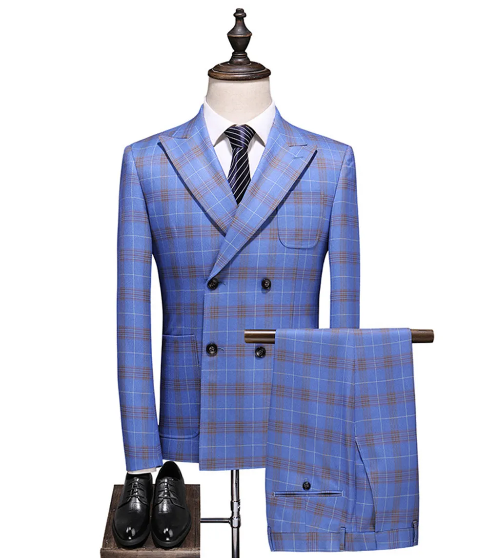 Nowy Popularny Blue Groom Tuxedos Slim Fit 3 Sztuk Męskie Garnitury ślubne Double Breasted Blazer Formalne Mężczyźni Garnitur Business (Kurtka + Spodnie + Kamizelka)