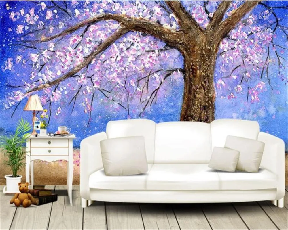 カスタム3D風景の壁紙美しいファンタジーロマンチックな紫色の桃の桃の花のロマンチックな風景装飾的なシルク壁画壁紙
