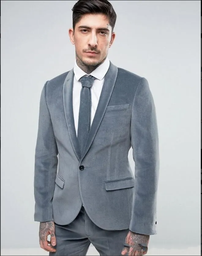 Brand New Grey Velvet Groom Tuxedos Shawl Lapel Groomsman Wedding 2 Piece Suit Fashion Men Prom Jacket Blazer(Jacket+Pants+Tie) 90