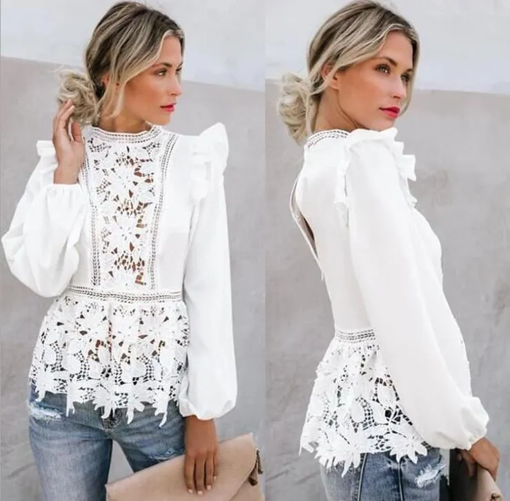 2020 Mulheres Laço Floral Blusas Boho Manga Longa Tops Branco Ladies Hollow Shirts Outono Primavera Elegante Blusa Streetwear S-XL