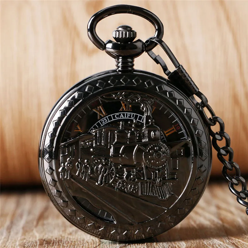 Black/Silver/Red Copper Watches Classical Hollow team Train Locomotive Mechanical Hand Wind Pocket Watch Men Women Pendant Chain Roman Number Clock