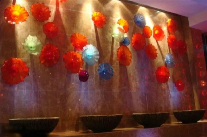 الديكور مورانو اليدوية الزجاج لوحات اليد في مهب زجاج الثريا الكبيرة LED الحديثة ديكور شكل زهرة زجاج الجدار الخفيفة
