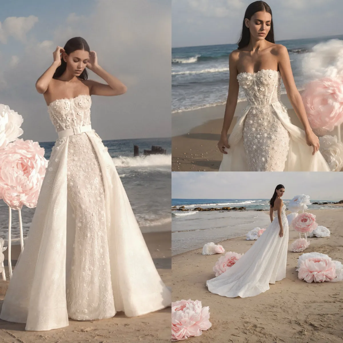 2019 Berta Sereia Vestidos De Noiva com Destacável Overskes Lace 3D Floral Applique Beads Beach Vestido de Noiva Vestito Da Spassa Vestido Bridal