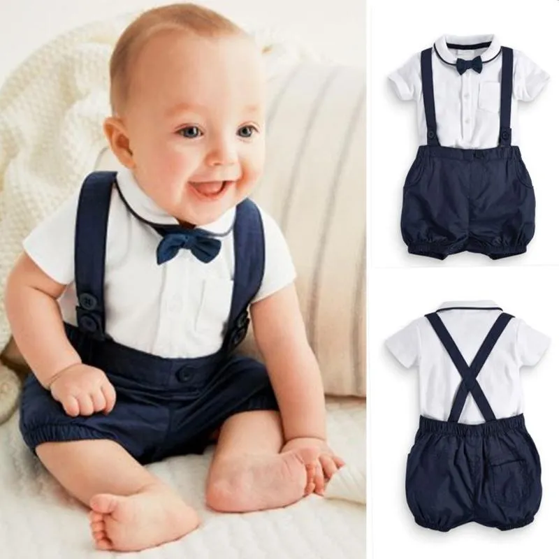 Gentleman du nouveau-né Bébés garçons Vêtements Ensemble Bow Tie Tops T-shirt + solide Salopette Shorts Tenues été garçons Vêtements pour bébé Set 2020