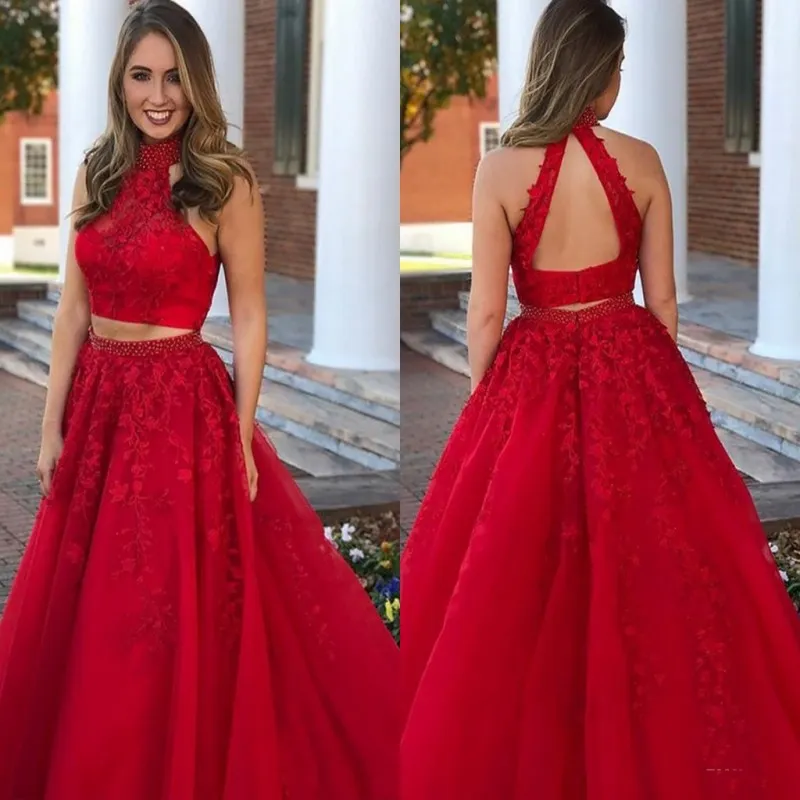 Robes de soirée pas cher licou rouge avec col haut col perlé dos ouvert deux pièces robes tenue de soirée appliques robe de bal en dentelle pas cher