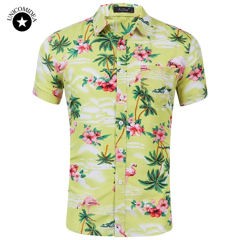 Mens Casual Flamingos Hawaiian Shirt Summer Brand Floral Print Short Sleeve Button Down Slim Mens Dress Shirts Plus Size