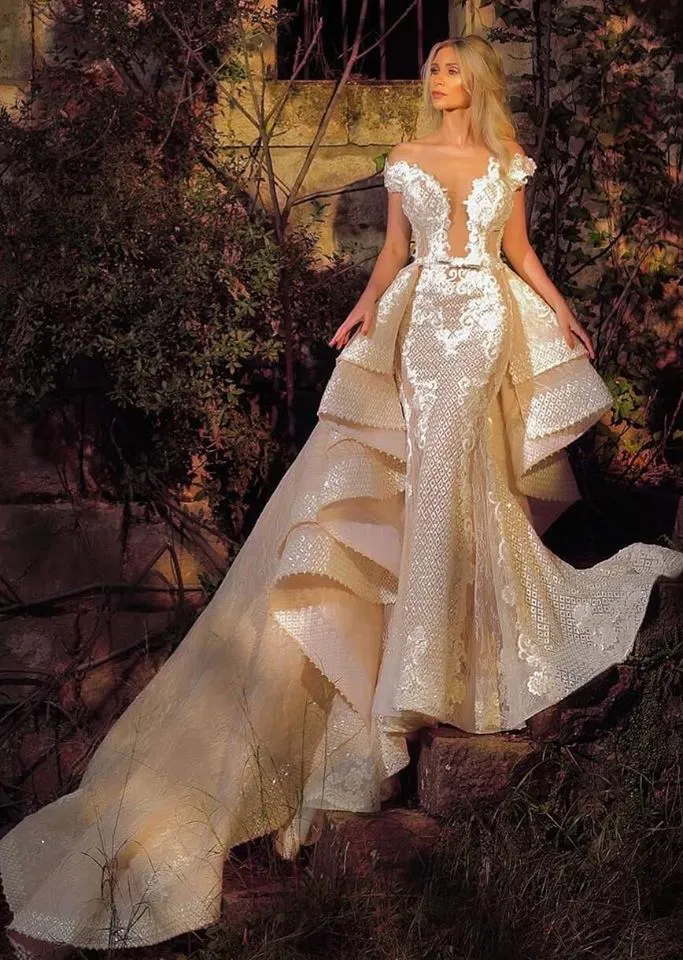 Champagne gorgeous mermaid wedding dresses with Detachable Train, Lace Applique, and Court Skirt - Plus Size Bridal Gown