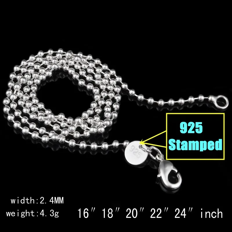 2.4mm 925 Sterling Silver Koraliki Łańcuch Ball Kobiety Biżuteria DIY Dokonywanie Moda Mężczyzna Mężczyzna Wyplasowe Naszyjniki łańcuchowe Prezenty 16 18 20-22-24 cale